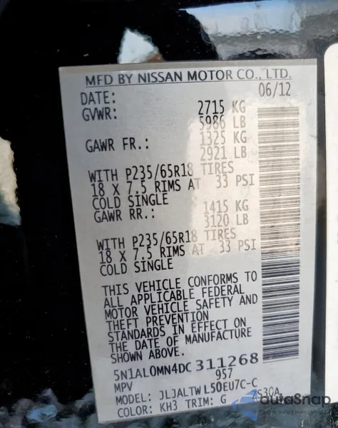 2013 Infiniti Jx35 z USA, uszkodzony, nr VIN 5N1AL0MN4DC311268